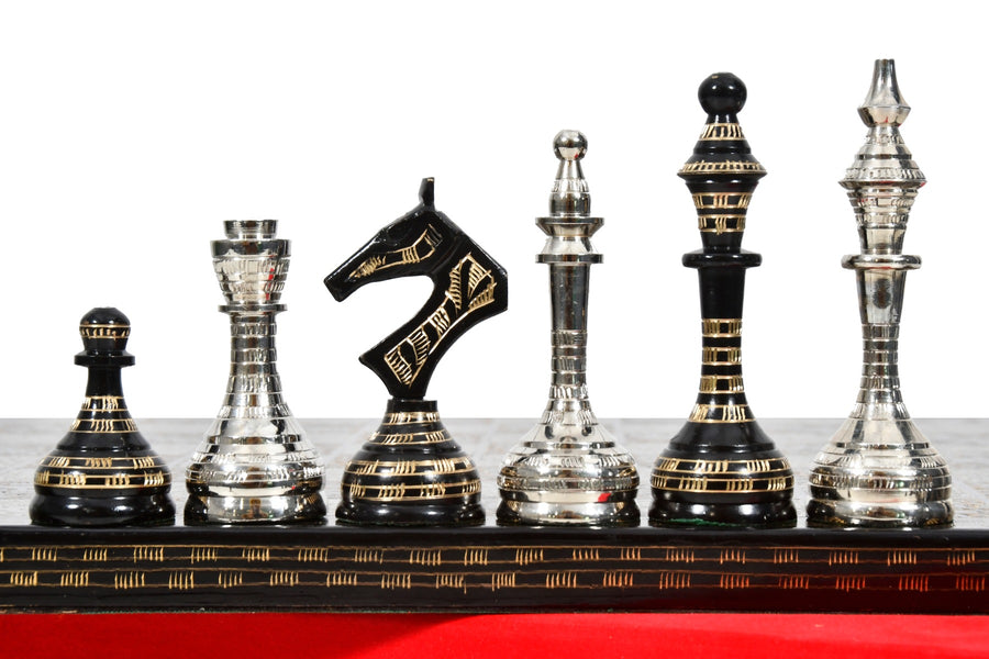Brass Metal Luxury Chess Set Shiny Silver & Black with Board