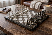 Brass Metal Luxury Chess Pieces with Board Combo in Shiny Silver and Black Color