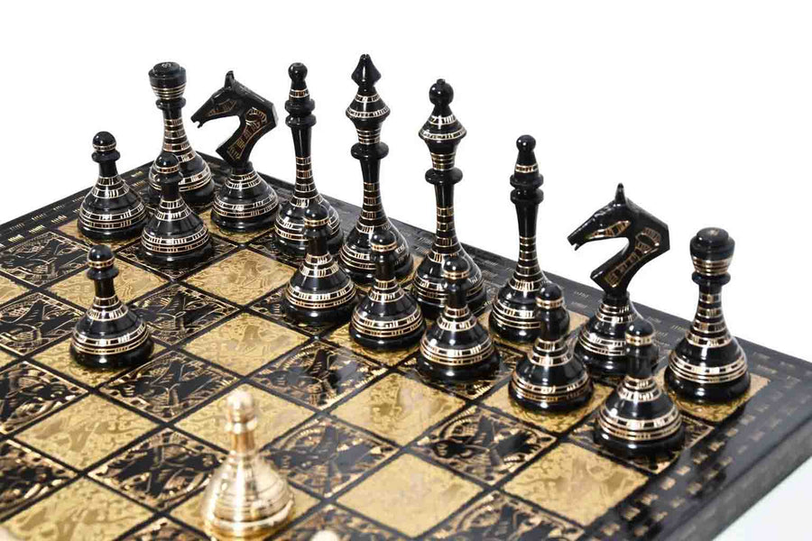 Brass Metal Luxury Chess Set Shiny Gold & Black with Board