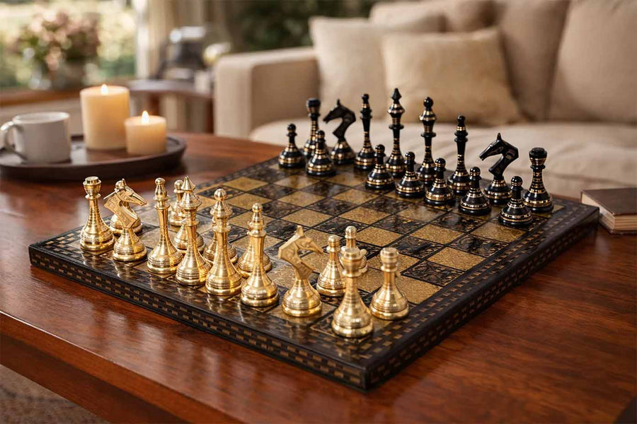 Brass Metal Luxury Chess Set Shiny Gold & Black with Board
