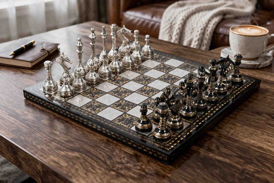 Brass Metal Luxury Chess Set Shiny Silver & Black with Board