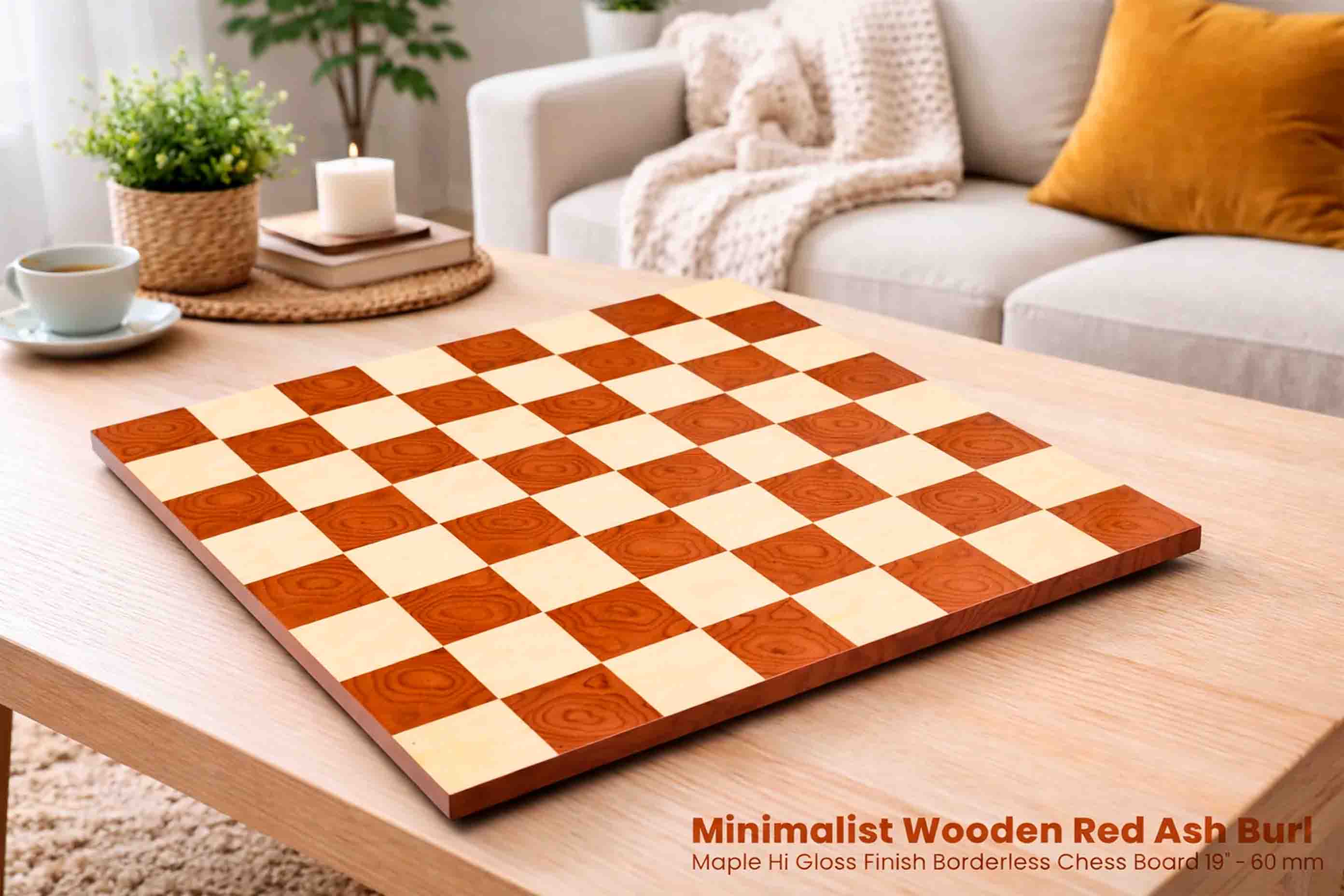 Minimalist Red Ash Burl Maple Hi-Gloss Borderless 19" Chess Board