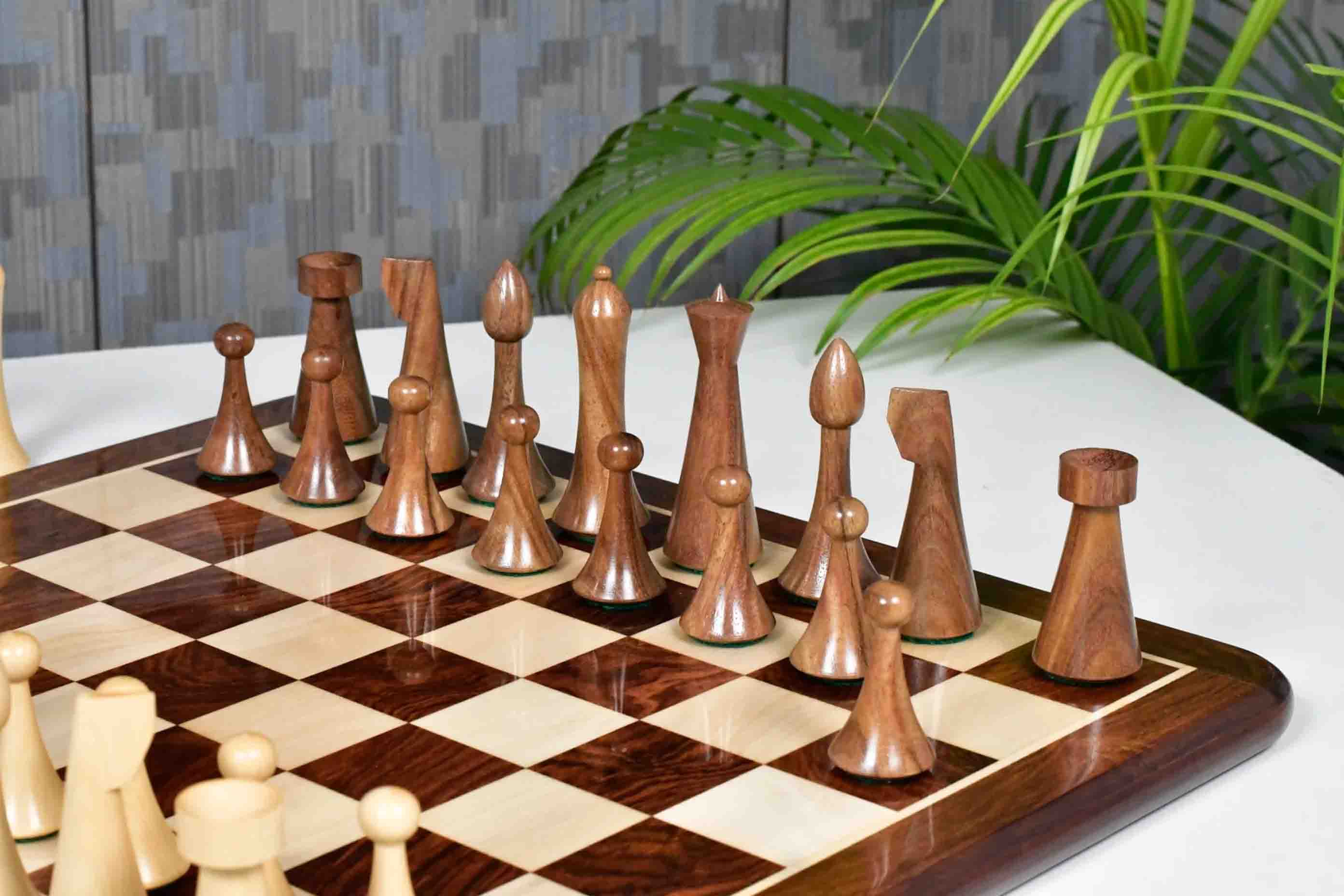 Minimalist Hermann Ohme Chess Pieces Sheesham & Boxwood 3.75" With Board