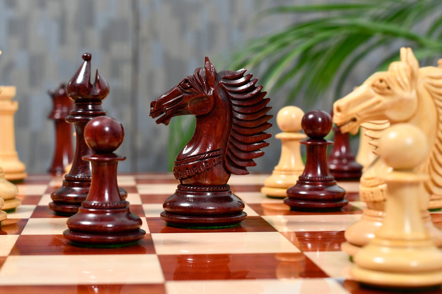 CB Mustang Chess Pieces in Bud Rose/Box Wood - 4.4" King with Notation Chessboard