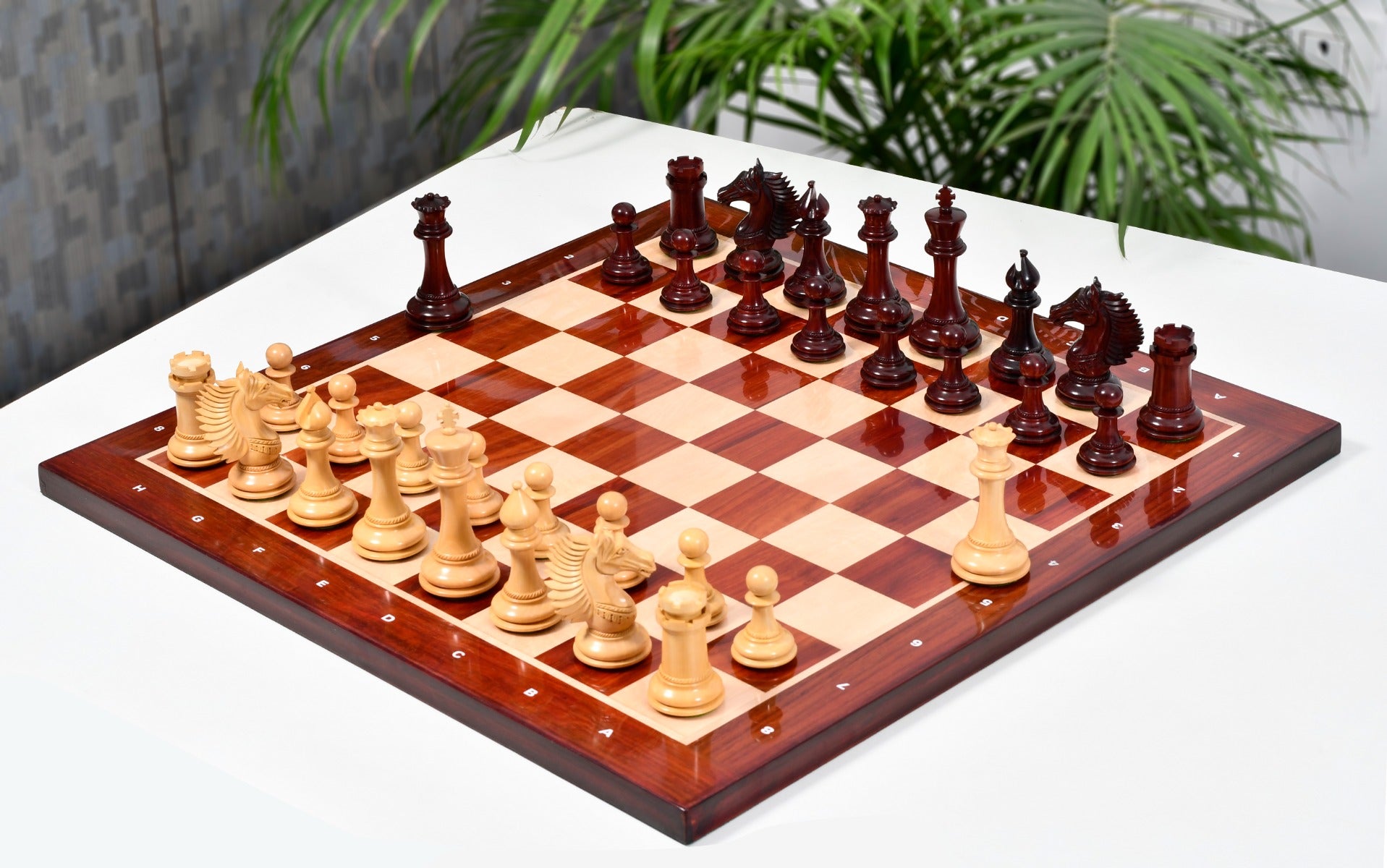 CB Mustang Chess Pieces in Bud Rose/Box Wood - 4.4" King with Notation Chessboard