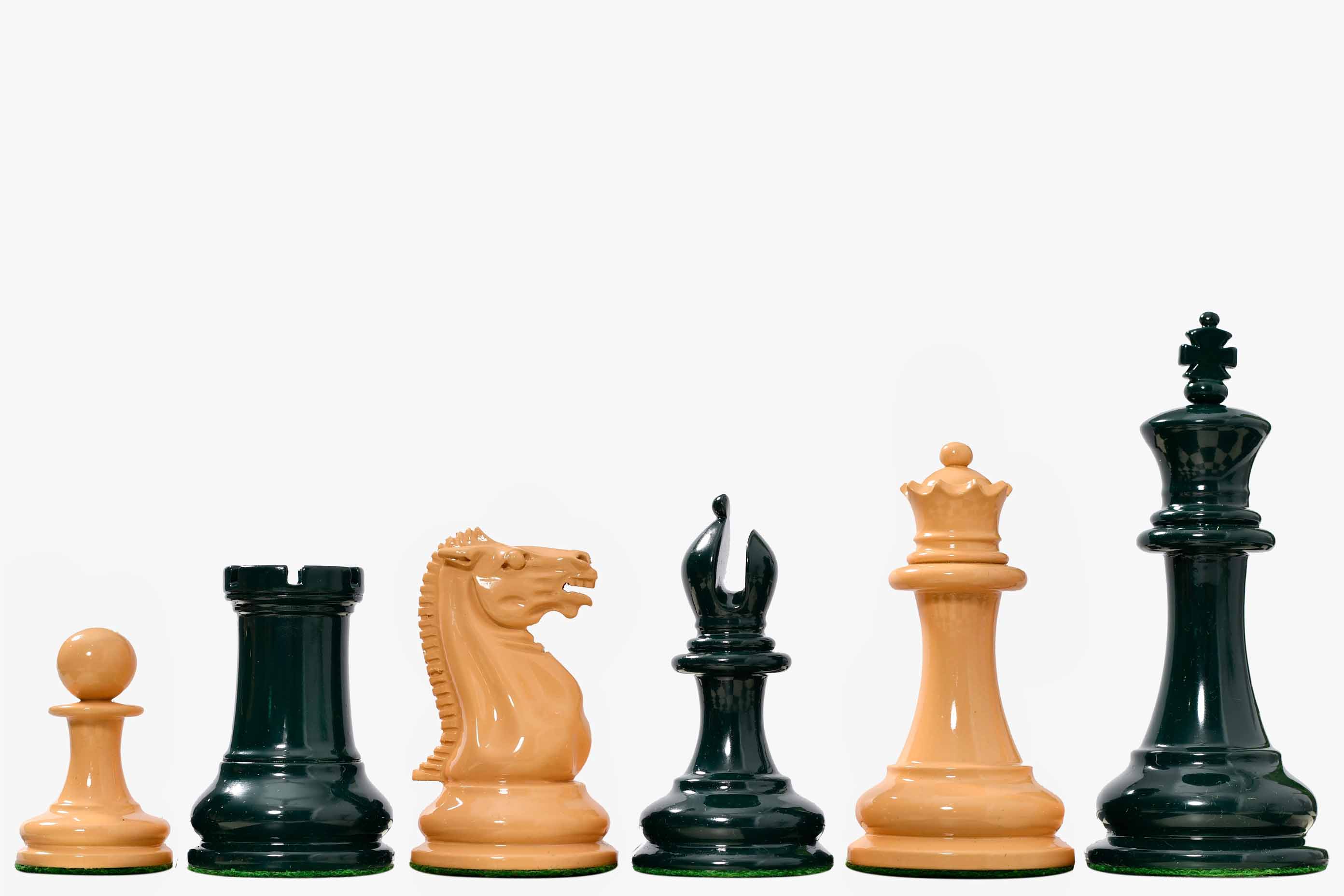 1849 Original Staunton Pattern Chess Pieces Painted in Dark Olive Green and Earth Yellow - 4.5" King