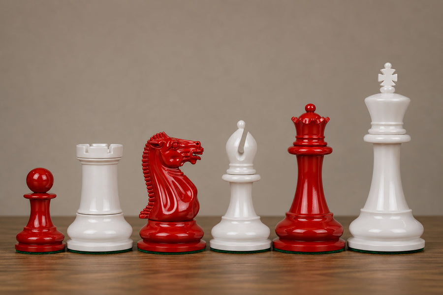 1849 Original Staunton Chess Pieces Painted Lacquer Crimson & Ivory 4.5" King