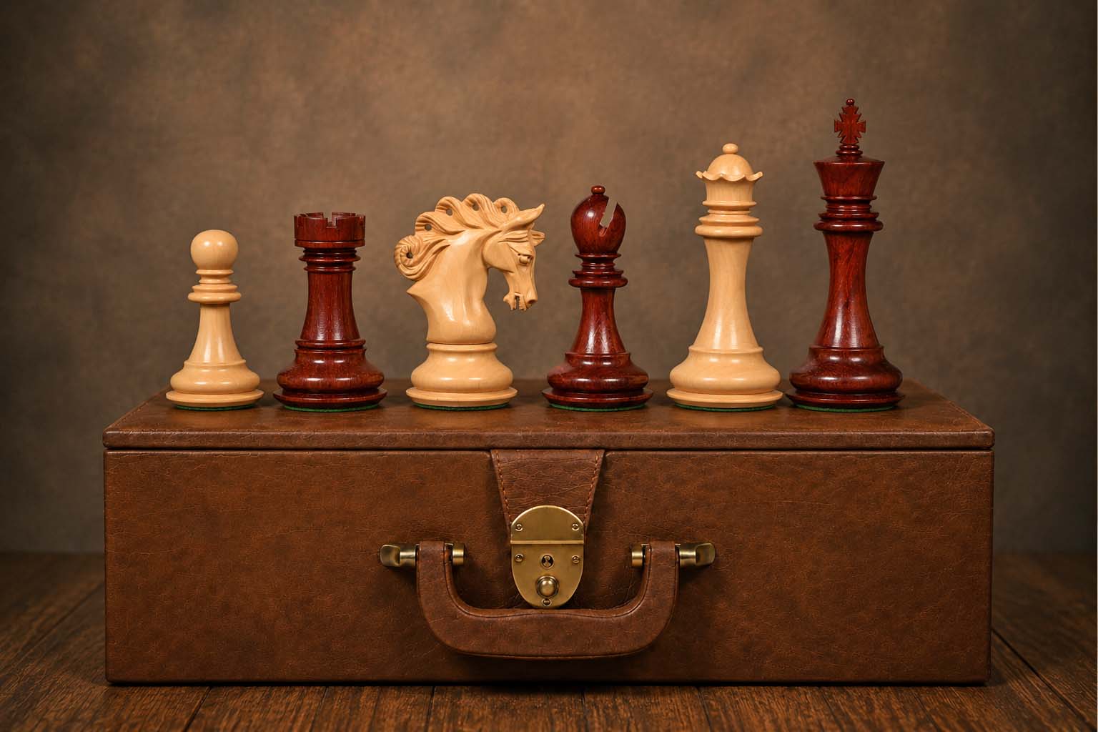Combo of The Pegasus Series Artisan Staunton Chess Pieces ver 2.0 in Padauk Wood / Boxwood - 4.6" King with Brown Leatherette Storage Box