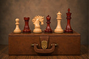 Combo of The Pegasus Series Artisan Staunton Chess Pieces ver 2.0 in Padauk Wood / Boxwood - 4.6" King with Brown Leatherette Storage Box
