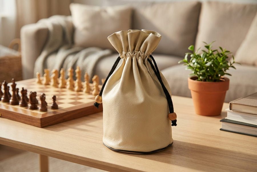 Genuine Cow Milled Leather Drawstring Storage Pouch for 4" to 5" King Chess Pieces