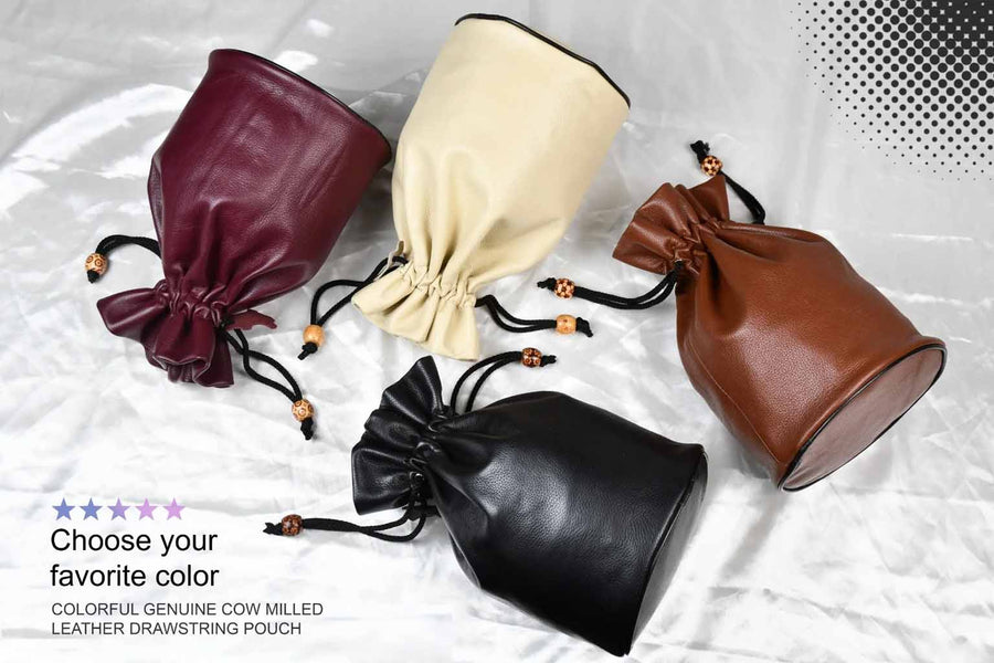 Genuine Cow Milled Leather Drawstring Storage Pouch for 4" to 5" King Chess Pieces