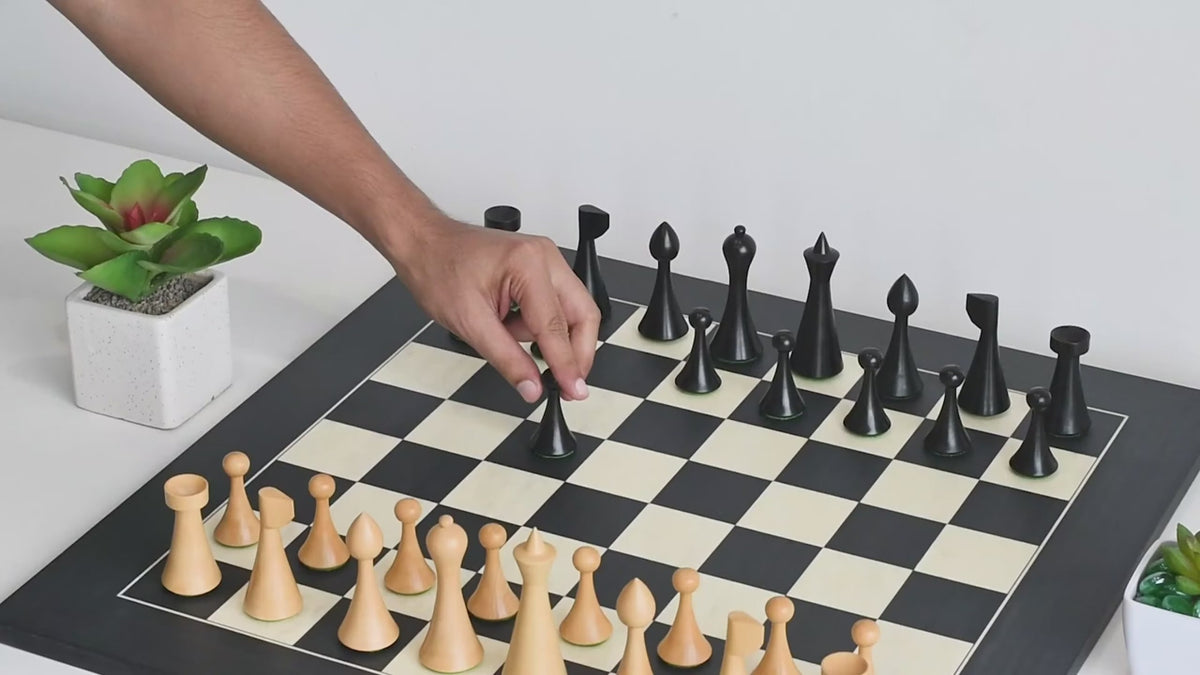 Load video: Minimalist Hermann Ohme Chess Set in Dyed/Boxwood &amp;  Maple Board - 3.75" King