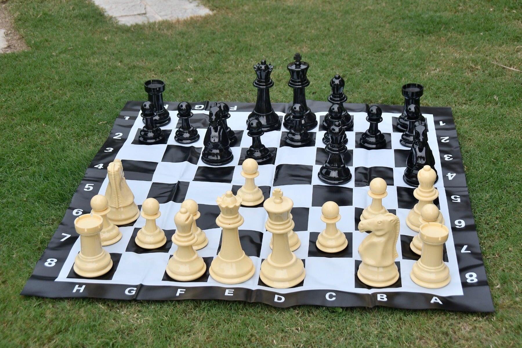 Garden Chess Set In Solid Plastic in Beige White And Black With Pvc Vinyl Chess Board- 8" King