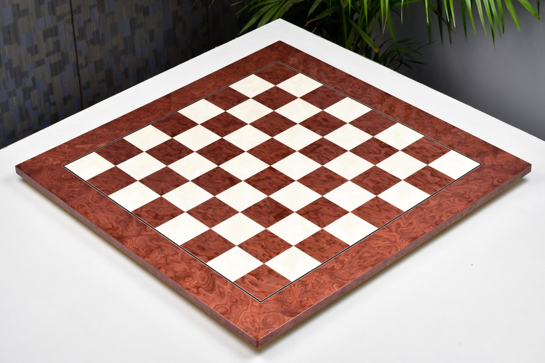 Front view of Wooden Red Ash Burl Maple Chess Board with Hi Gloss Finish, 22-inch, 55mm