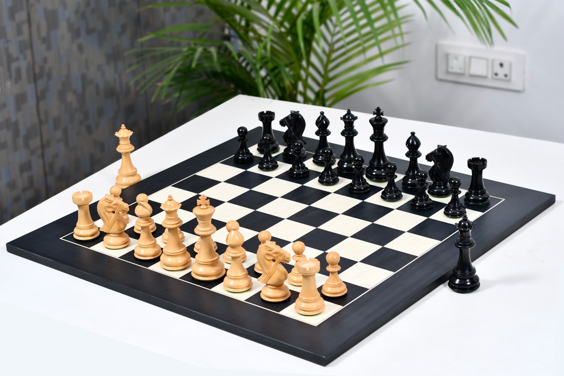 Combo of Bridle Series Chess Pieces in Ebony / Box Wood & Black Anigre Maple Matte Finish Chess Board - 4.8" King