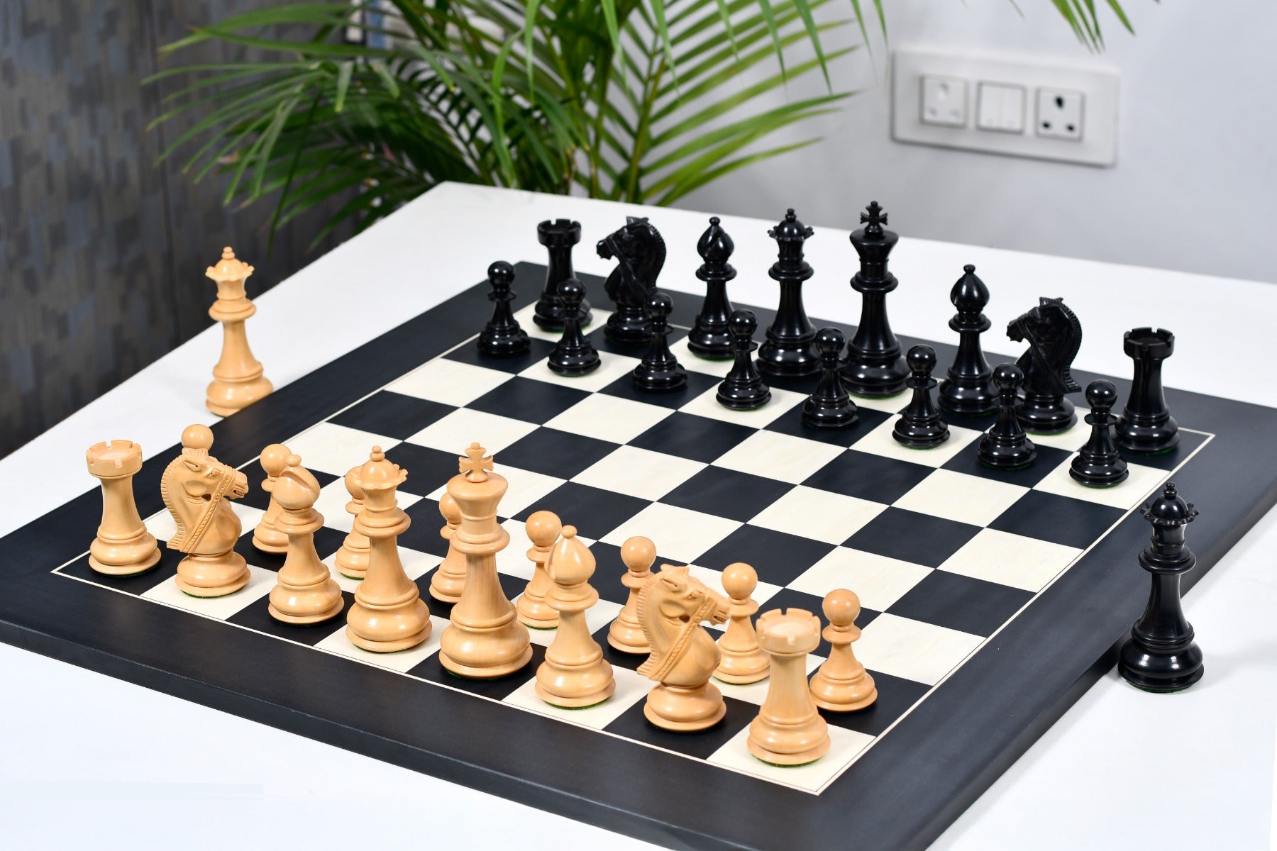 Combo of Bridle Series Chess Pieces in Ebony / Box Wood & Black Anigre Maple Matte Finish Chess Board - 4.8" King