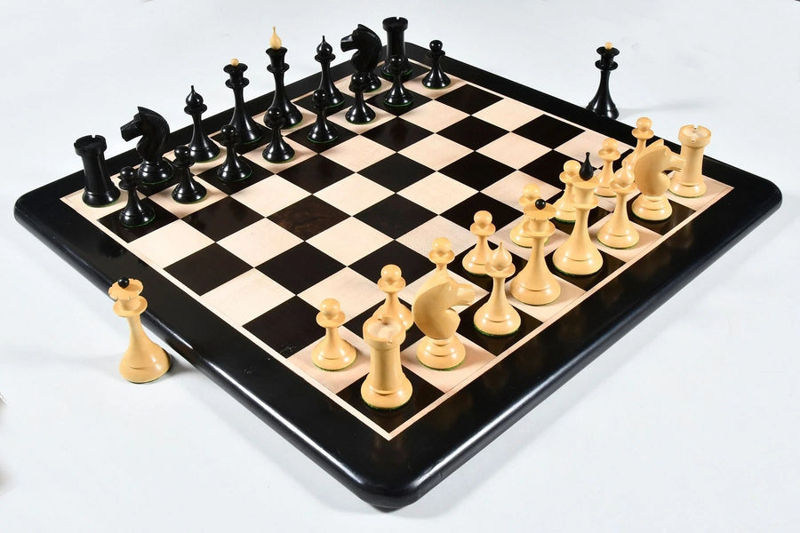 1950s Soviet Latvian Chess Set Ebonized Boxwood 4.1" with 21" with Chess Board