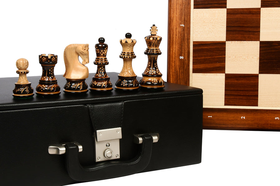 1959 Reproduced Russian Zagreb Series Chess Pieces in Burnt Boxwood - 3.89" King  with Box & Board