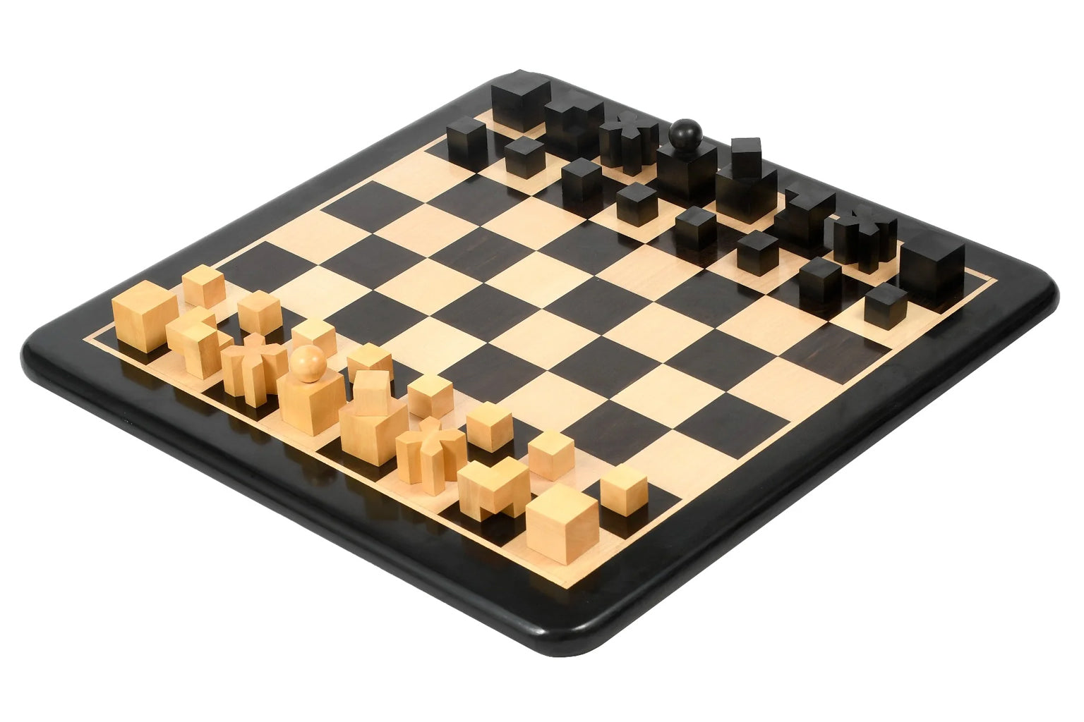 The Combo of Repro 1924 Bauhaus Geometrical Chessmen in Ebonized/Boxwood - 1.9" King with Chess Board