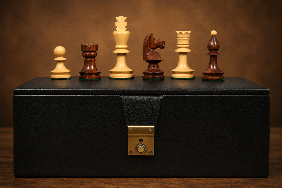Reproduced Romanian-Hungarian National Tournament Weighted Chess Pieces in Indian Rosewood & Natural Boxwood - 3.8" King with Storage Box