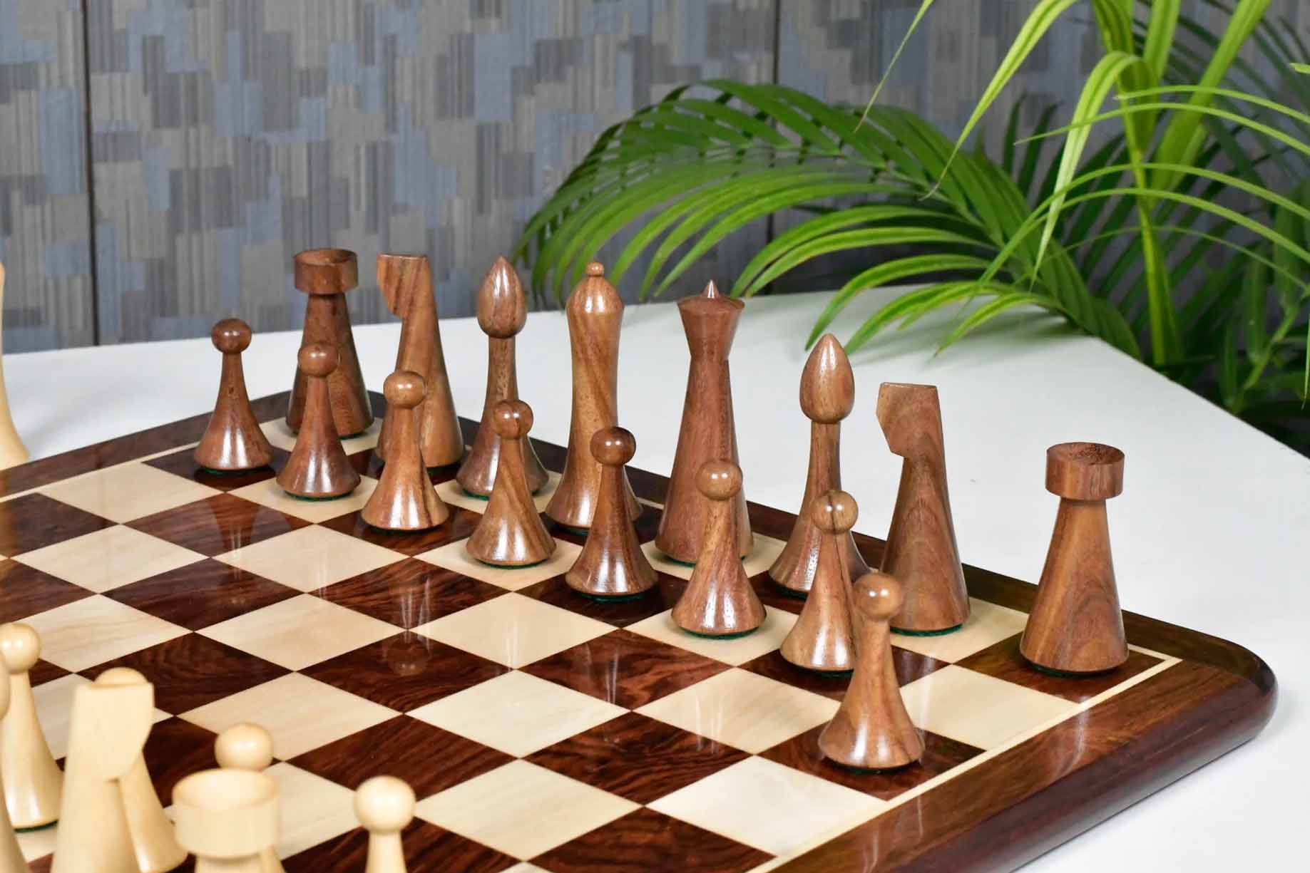 Minimalist Hermann Ohme Chess Pieces Sheesham & Boxwood 3.75" With Board