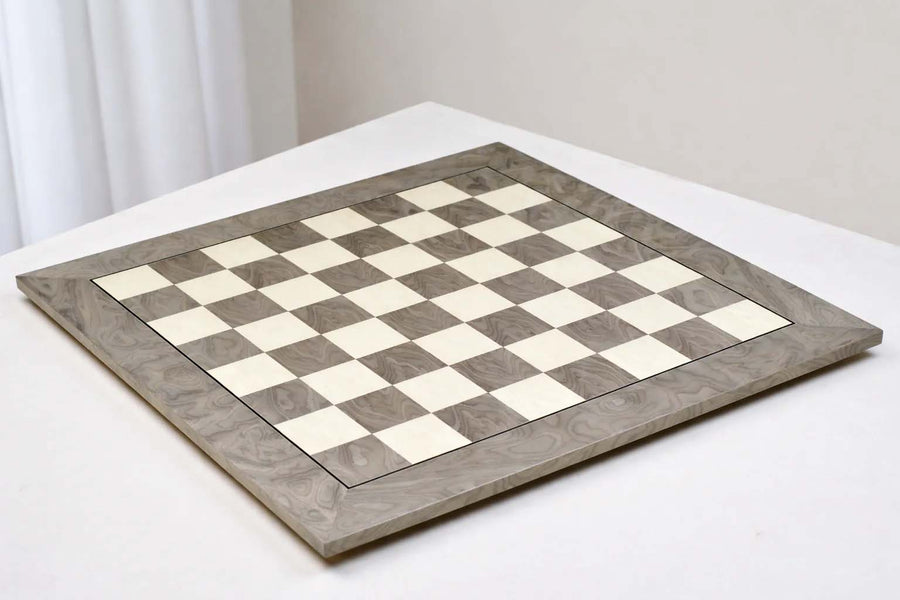 Deluxe Grey Ash Burl & White Erable Hi-Gloss Chess Board 22" 55mm