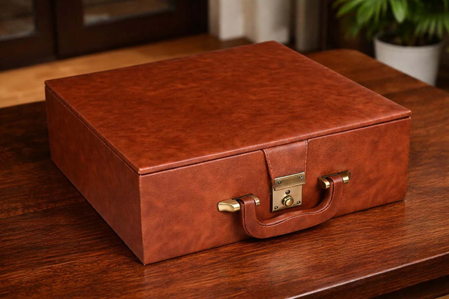 Brown Leatherette Chess Storage Coffer Double Tray 3.75"-4.1" Pieces