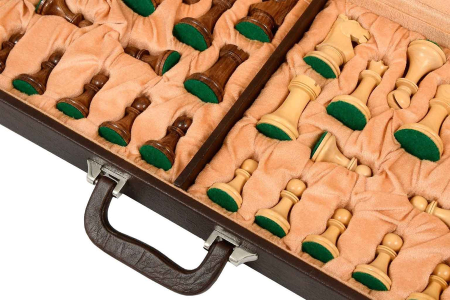 Brown Leatherette Chess Briefcase Storage Box Fixed Slots 3.75"-4" Chess Sets