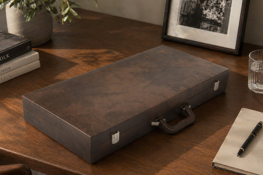 Brown Leatherette Chess Briefcase Storage Box Fixed Slots 3.75"-4" Chess Sets