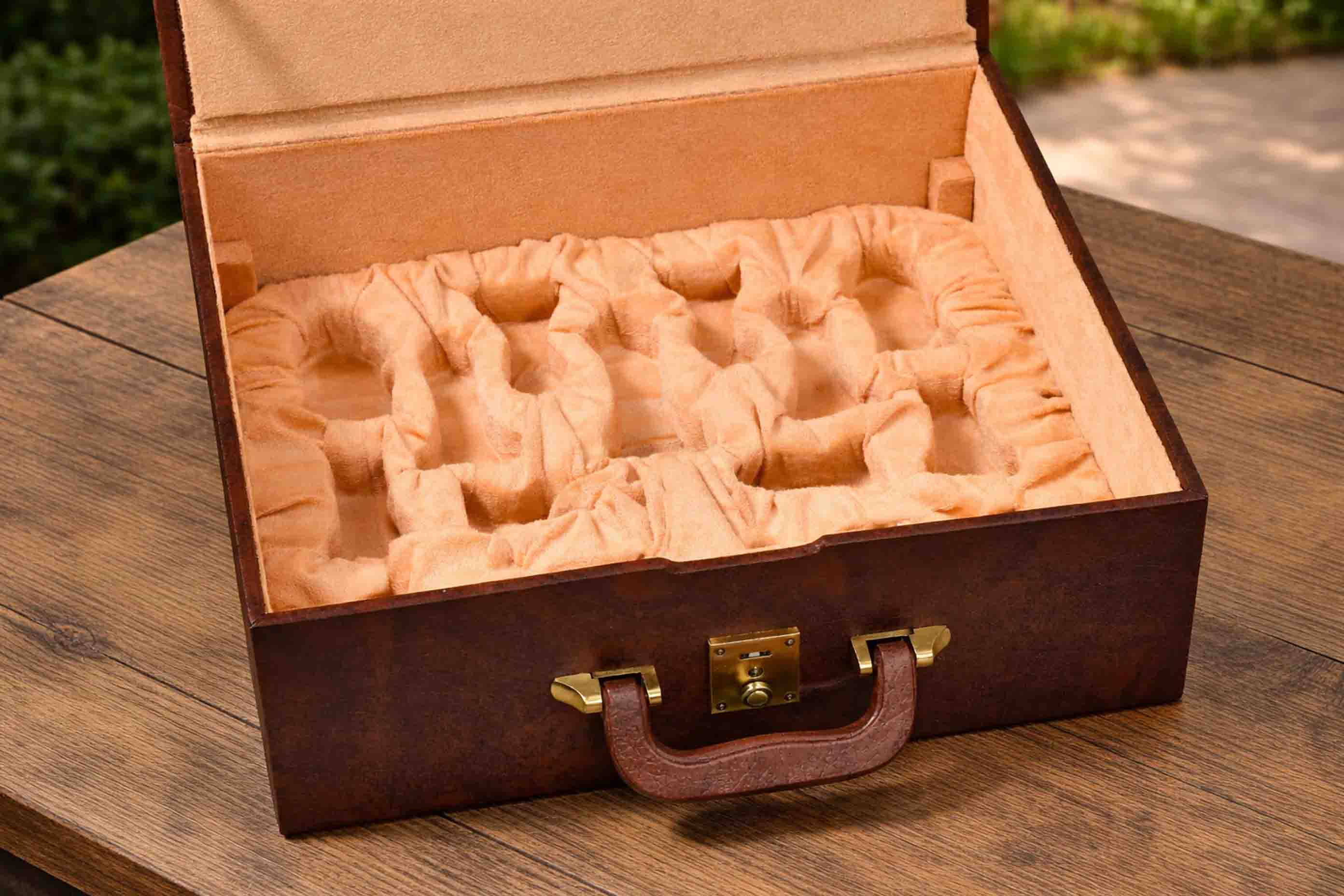 Brown Leatherette Chess Storage Box Double Tray 4.2"-4.8" Pieces