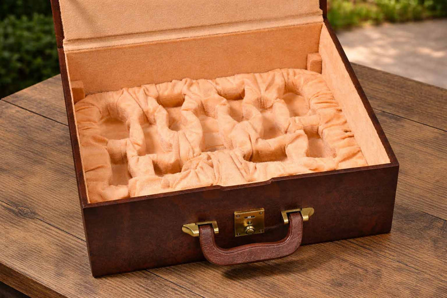 Brown Leatherette Chess Storage Box Double Tray 4.2"-4.8" Pieces