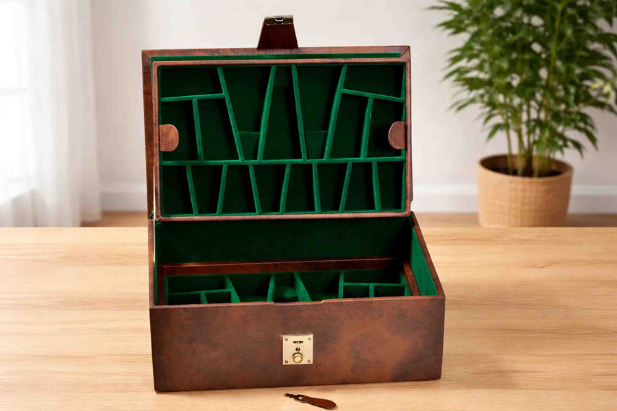 Brown Leatherette Chess Storage Box Double Tray 4"-4.25" Pieces