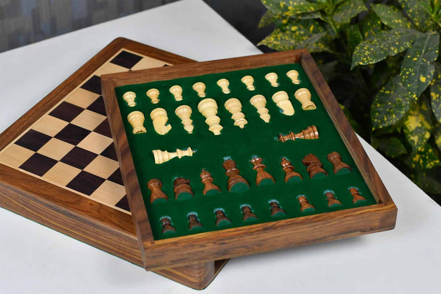12" Magnetic Travel Chess Set Rosewood Drawer Storage Extra Queens