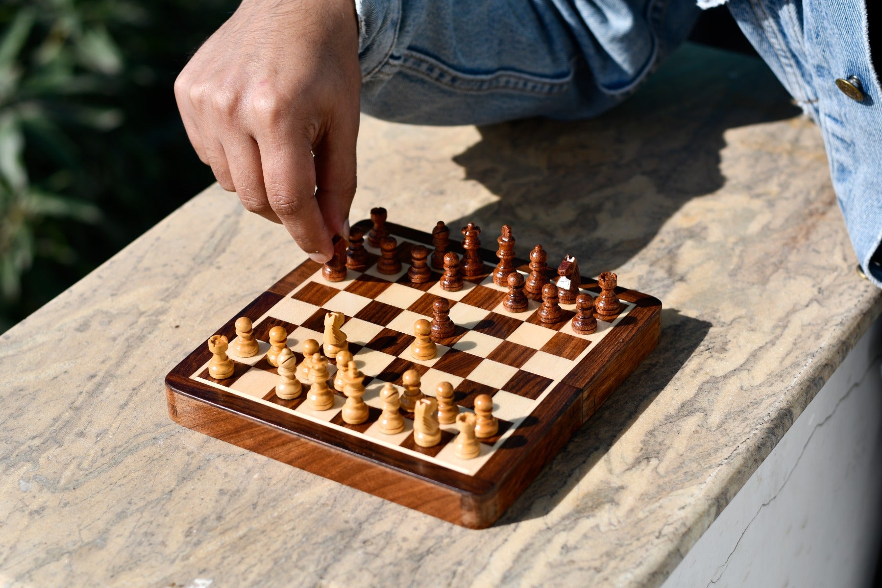 Travel-Friendly Folding Magnetic Chess Set – 7” Sheesham & Maple Lacquered Board