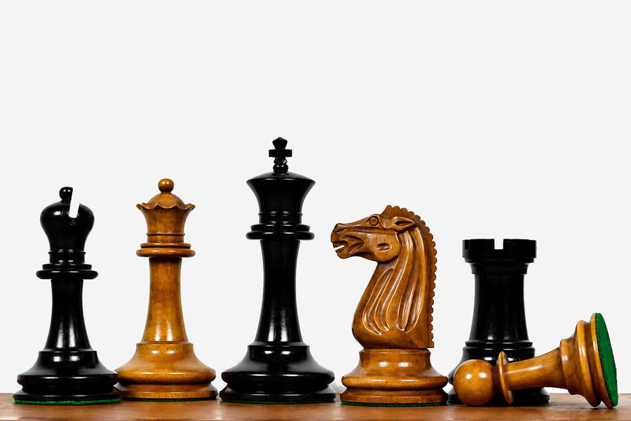 Circa 1887 Turner Teich Soviet-Staunton Style Weighted 4" Chess Pieces in Ebony & Antiqued Boxwood