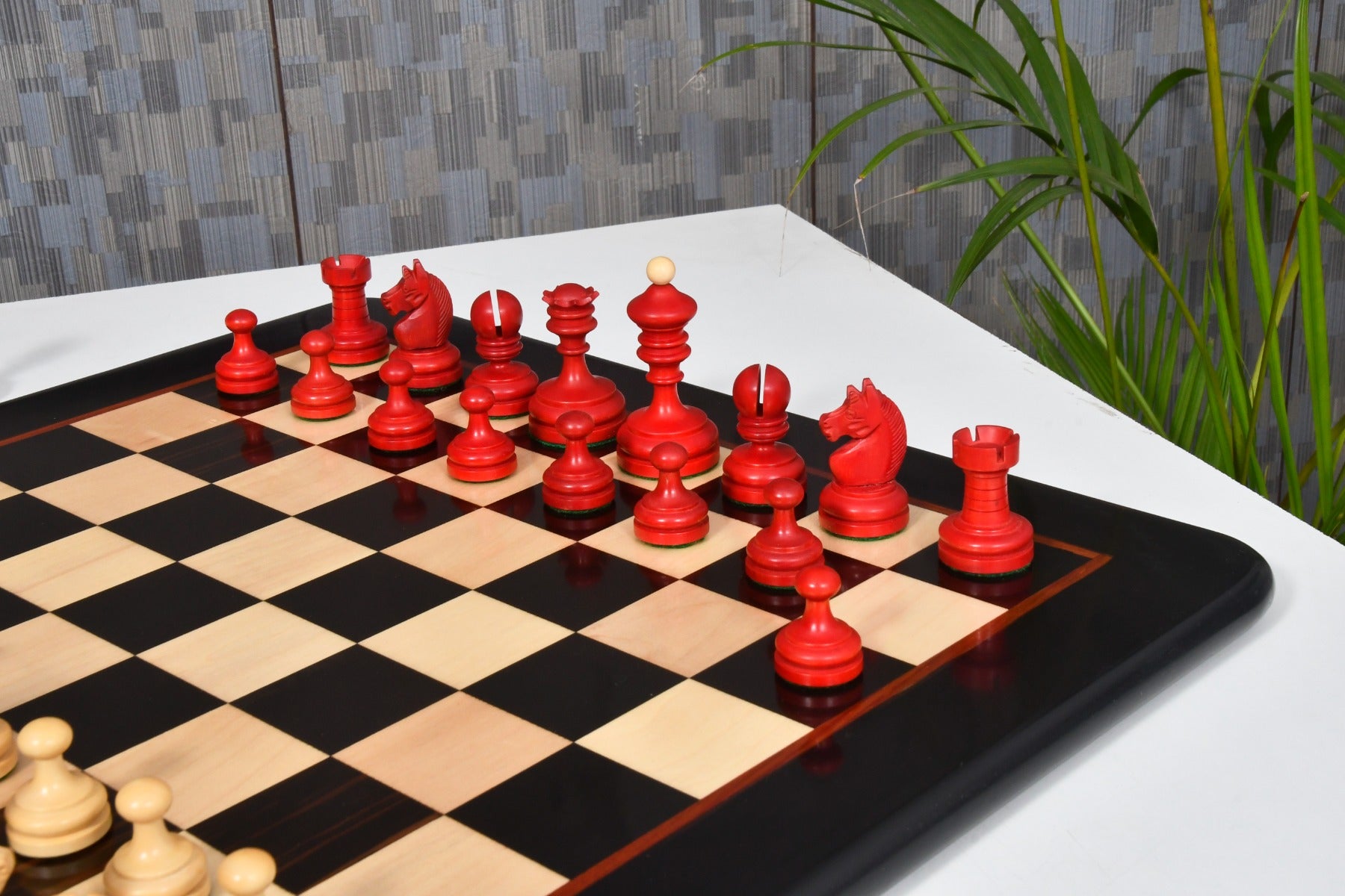 Repro Vintage 1930 German Knubbel Chess Set in Stained Crimson / Boxwood with Board