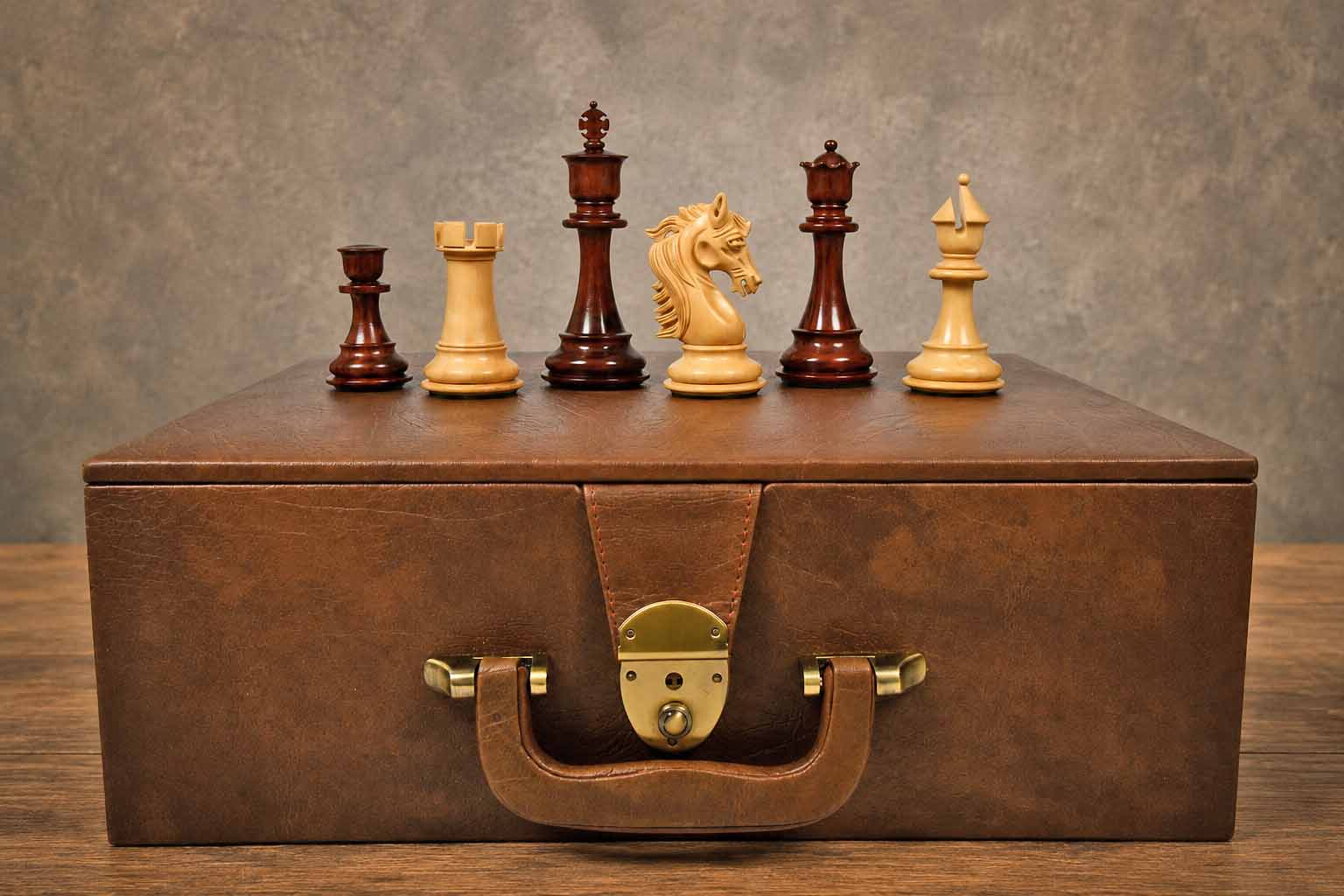 Combo of The French Warrior Luxury Chess Pieces in Bud Rose & Box Wood - 4.9" King with Storage Box