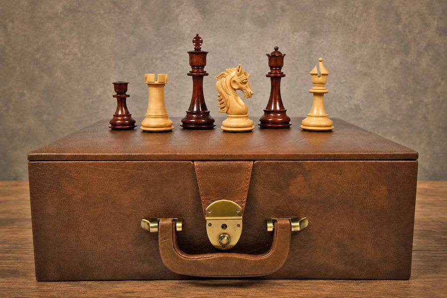 Combo of The French Warrior Luxury Chess Pieces in Bud Rose & Box Wood - 4.9" King with Storage Box