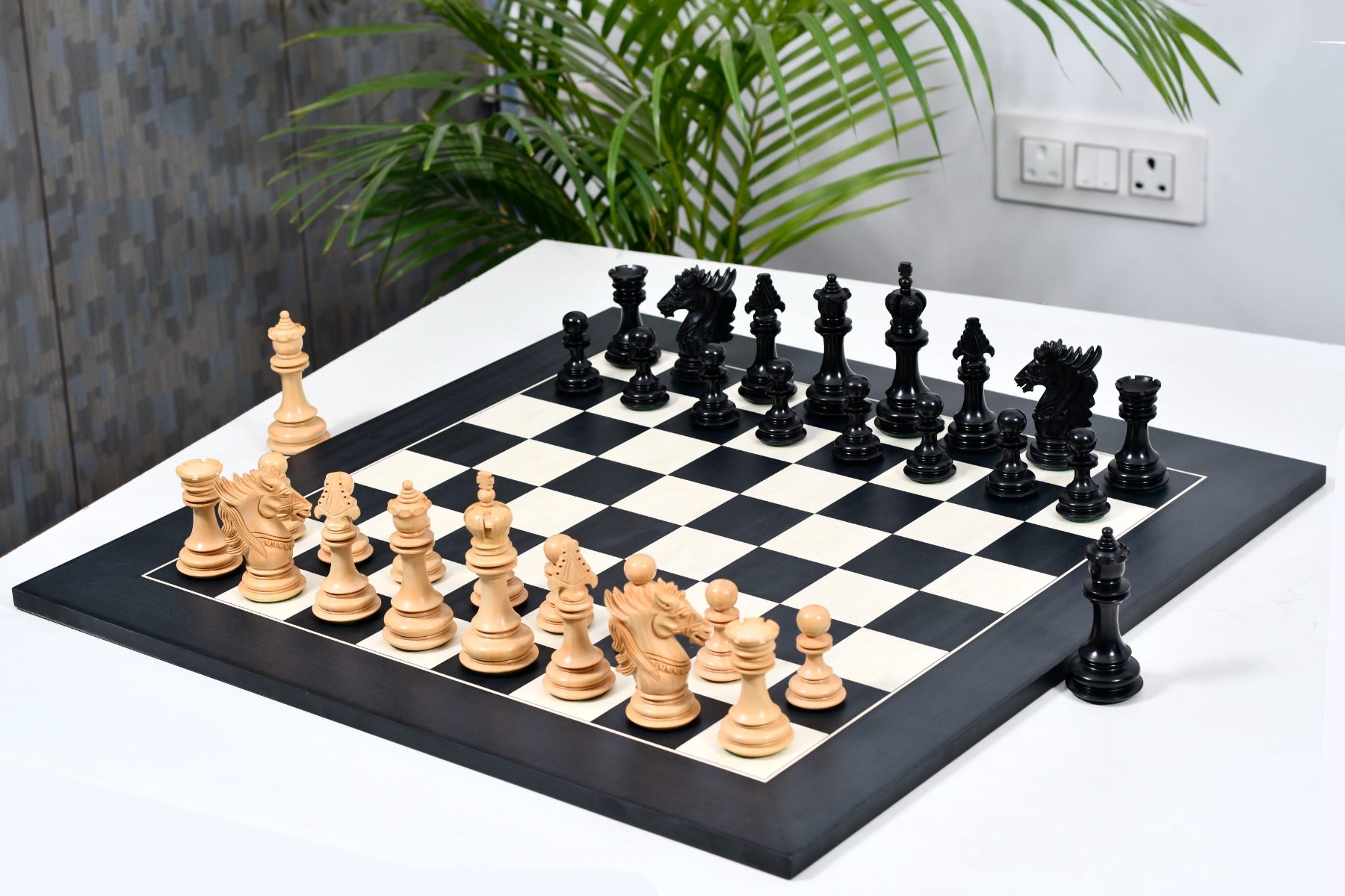 Combo of Dragon Series Chess Pieces in Ebony / Box Wood & Black Anigre Maple Matte Finish Chess Board - 4.7" King